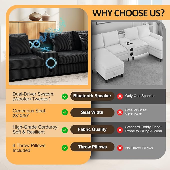 144 Corduroy U-Shaped Sectional Sofa w/Speakers &amp USB Charging Comfy Reclining Deep Seat Couch w/Ottoman Cup Holders for Living Room Home Theater (Black 144in)