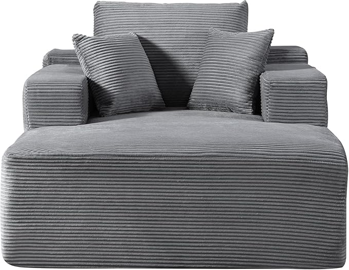 Monroe Convertible Chaise Lounge Chair Indoor – Oversized Corduroy Couch with Wide Armrest &amp Throw Pillows Cozy Boneless Sleeper Sofa Bed Armchair Dark Grey
