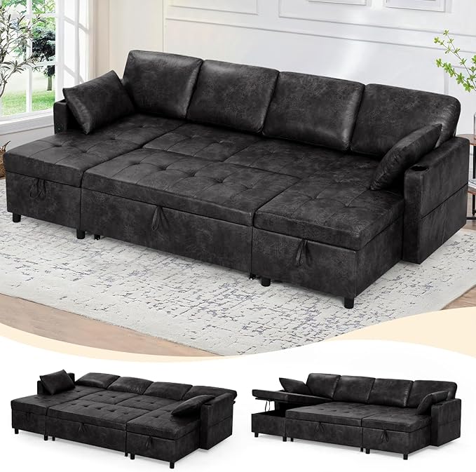 110 Suede Leather Pull Out Sofa Bed w/Adjustable Backrest Sectional Sleeper Couch w/Storage Chaises and Armrest Pillows U-Shape Sofa Bed w/USB Port for Living Room House Black