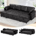 110 Suede Leather Pull Out Sofa Bed w/Adjustable Backrest Sectional Sleeper Couch w/Storage Chaises and Armrest Pillows U-Shape Sofa Bed w/USB Port for Living Room House Black