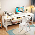 63’’ Extra Long Desk Wooden Computer Desk with 2 Drawers and Storage Bookshelf Writing Table for Office with Chair (White)