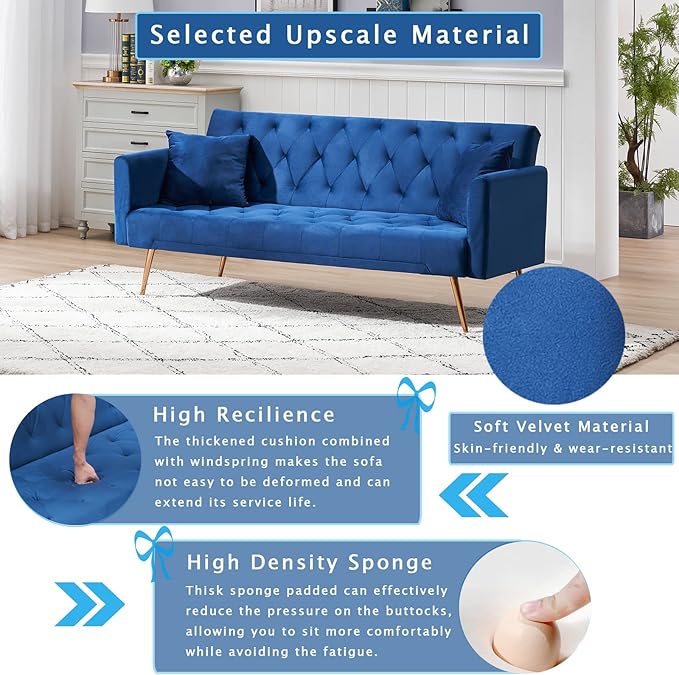 KINFFICT Velvet Futon Sofa Bed with 2 Pillows Convertible Sleeper Sofa Couch with 3 Angle Adjustable Backrest Modern Loveseat with 4 Golden Metal Legs for Living Room and Bedroom