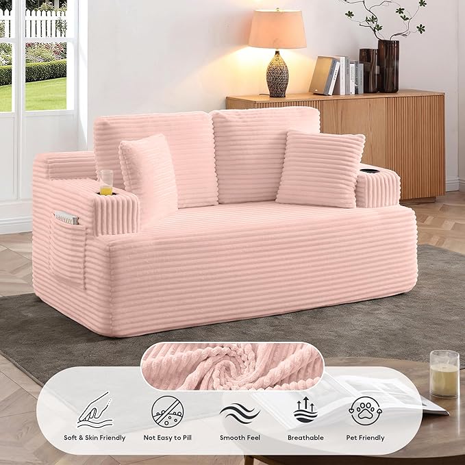 66.5'' Boneless Sofa Couch with Cup Holders &amp Side Pockets Modern Corduroy Fabric Upholstered Loveseat Couch with 2 Throw Pillows for Living Room Office No Assembly (Pink)