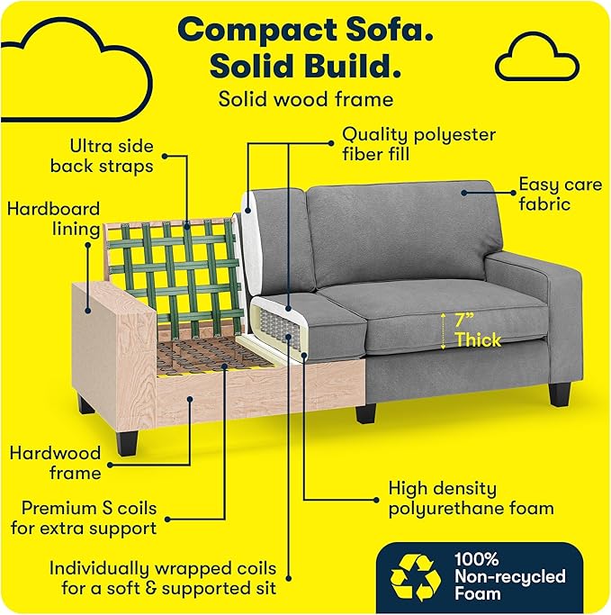 Serta Palisades 78 Track Arm Sofa Easy Care Polyester Soft Pillow Back Pocket Coil Seat Cushions Removable Covers Loveseat or Couch for Small Spaces Living Rooms or Bedrooms Glacial Gray