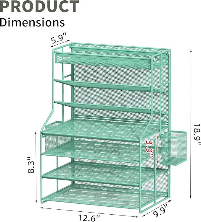 7 Tier Desk File OrganizerMetal Document Holder with Adjustable Shelves Pull-Out Drawer &amp Removable Pen Holder for Office OrganizationGreen