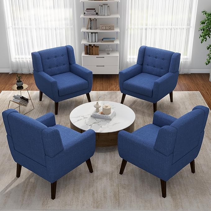 Accent Chair Set of 4 Mid Century Modern ArmchairComfy Single Sofa for Living RoomButton Tufted Armrest Reading Seat Bedroom Side Sitting for Home OfficeRecliner Chair Home Theater SeatingBule