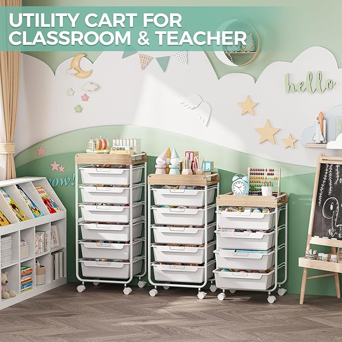 Rolling Storage Utility Cart with 4 DrawersKids Craft Art CartMakeup Organizer and Storage with Wooden TabletopWhite