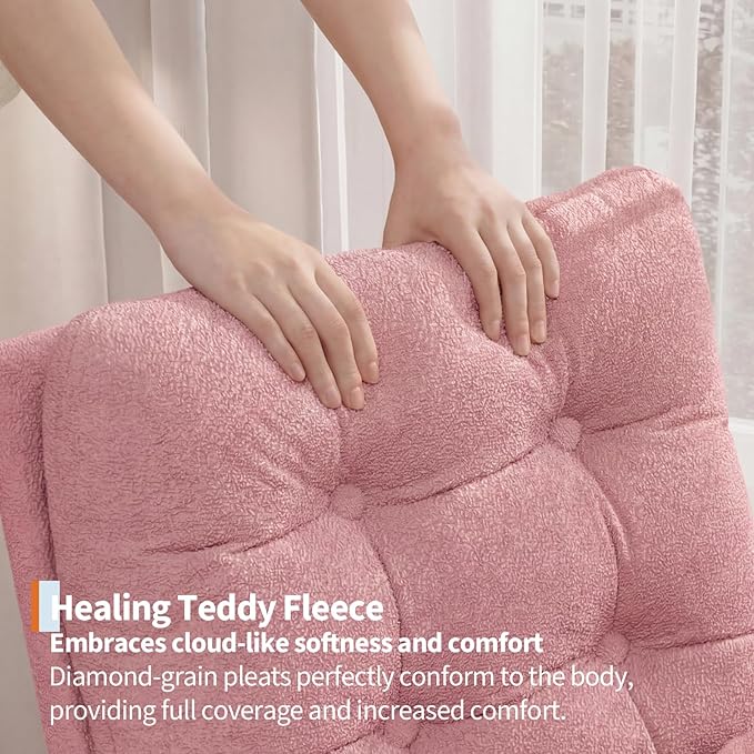 GarveeHome Nursery Rocking Chair with Adjustable Footrest Teddy Fleece Upholstery Sturdy Wooden Legs &amp High Backrest Comfortable Glider Rocking Chair for Living Room or Bedroom Pink