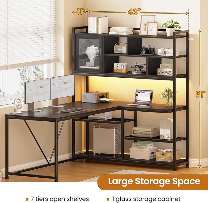 SEDETA L Shaped Computer Desk 58'' Office Desk with LED Light and Bookshelf L Shaped Corner Desk with Storage Shelves for Home Office Gaming Desk L Desk Black