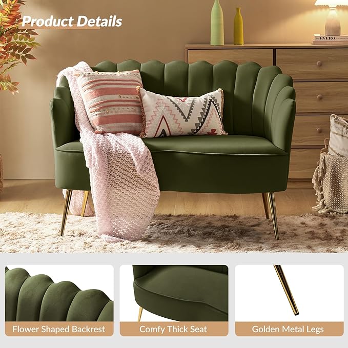 Velvet Upholstered Loveseat Sofa with Gold Metal Legs Modern Comfy Small Love Seat with Flower Shaped Back 2-Seater Sofa Accent Couch for Living Bedroom Leisure Areas Moss
