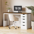 LITTLE TREE Computer Desk with 5 Drawers 47 Inch Modern Simple Study Writing Desk with Metal Frame Work Desk for Home Office Rustic Brown and White