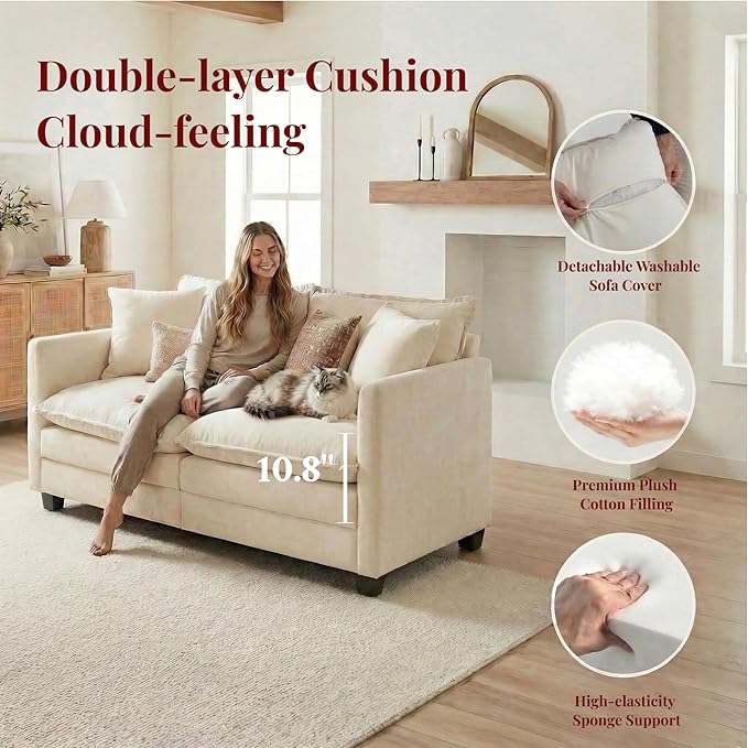 KYJ 50 Loveseat Sofa Couch 2 Seater Couch Small Mini Compact Chenille Cloud Sofa 27 Deep Seat with Detachable Pillow Cover for Bedroom Living Room Dorm Apartment Small Spaces 2-Beige