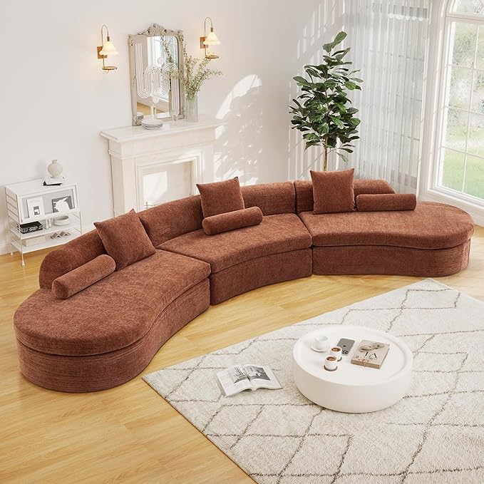 AVZEAR Curved Modular Sectional Sofa Chenille Upholstered Cloud 6 Seater Couch for Living Room No Assembly Modern Love Seat Sofa with 3 Bolster Pillows &amp 3 Square Pillows High-Density Foam Ora
