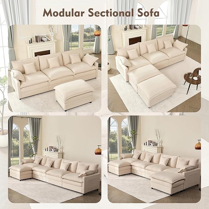 108 U Shaped Couch Modular Sectional Sofa 3-Seater Comfy Cloud Couch Set of Modular Pieces with Movable Ottoman Deep Seat Couches for Living Room Linen Beige
