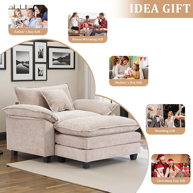 Gexpusm Oversized Accent Chair with OttomanOversized Chaise Lounge Chair Indoor with Deep SeatReading Chair Comfy Chenille Sofa Couch Chair for Living Room Bedroom Modern Lounge Chair (Khaki)