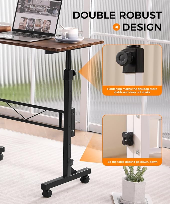 Standing Desk Adjustable Height Mobile Stand Up Desks with Wheels Small Computer Desks Rolling Desk Portable Laptop Desks Rustic Standing Table Sit Stand Home Office Desks 16x31.5 Height 27-43.5