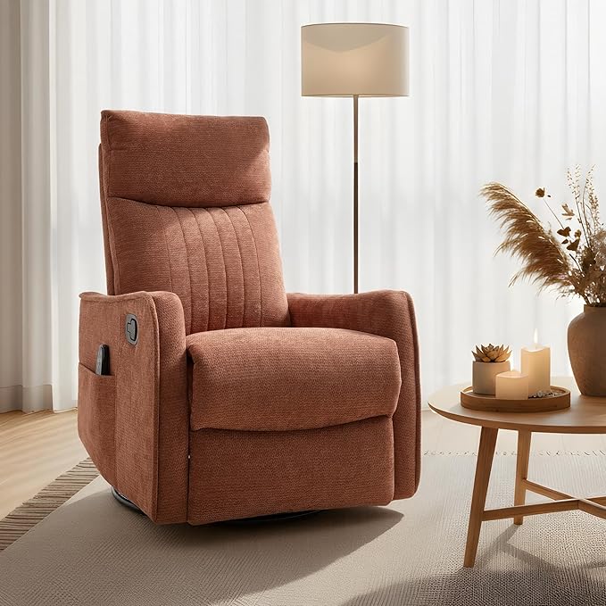 Casaphoria 360° Swivel Rocking Recliner Chair with Heat and Massage Upholstered Fabric Nursery Glider with Side Pocket for Living RoomBedroomHome Theater and RV Small Space(Orange)