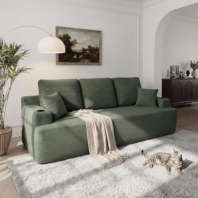 87 Modern 3-Seater loveseat Sofa Comfy Deep Seat Boneless Couch with Plush Corduroy Fabric Built-in Cup Holders &amp Side Storage Pockets for Living Room Bedroom and Apartment