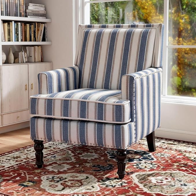 Rovibek Midcentury Modern Accent Chair - High Back Living Room Chairs Upholstered Armchair with Solid Legs Blue Striped Accent Chair for Living Room Bedroom Balcony