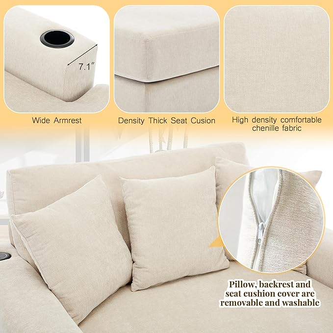 Oversized Chenille Fabric Chaise Lounge Chair Indoor 55 Oversized Chaise Lounger Modern Style Sofa Couch with Pillows Charge Station &amp Cup Holders for Living Room Office (Cream 55)