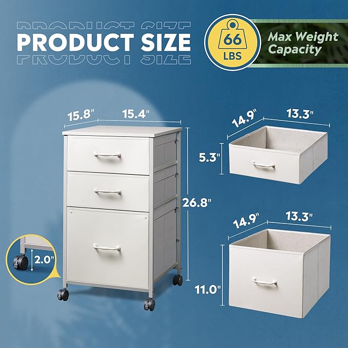 DEVAISE Mobile File Cabinet Rolling Printer Stand with 3 Drawers Fabric Vertical Filing Cabinet fits A4 or Letter Size for Home Office White