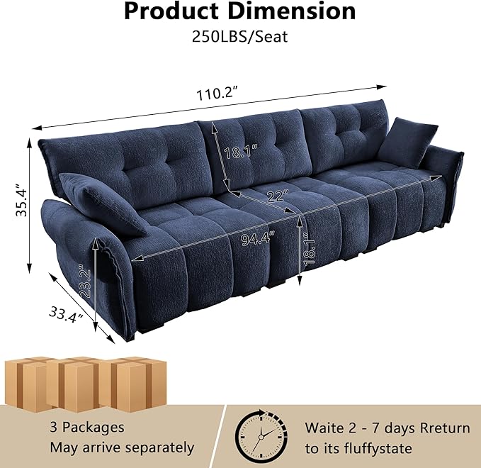 Aoowow Modular Sectional Sofa 110.2” Comfy Chenille Sofa Couch Upholstered 3-Seater Couches with Pillows for Living Room Apartment OfficeBlue