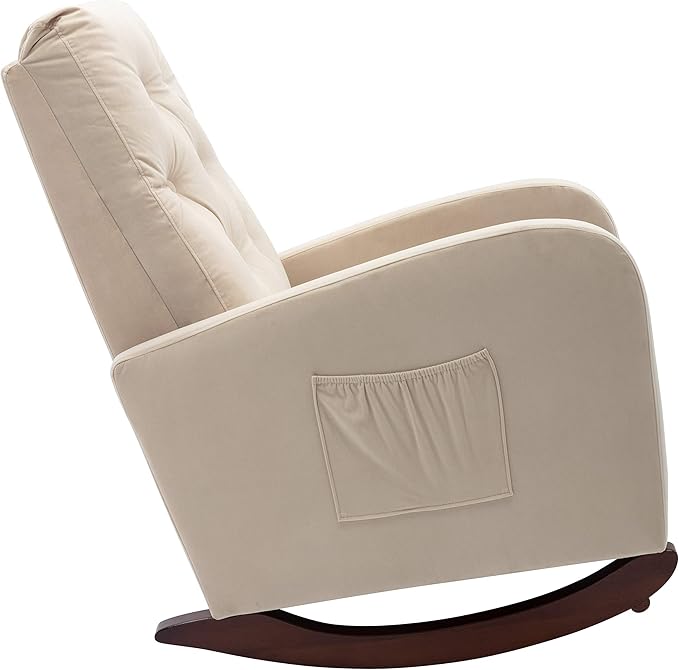 Cozy Velvet Reclining Rocking Chair with Side Storage Pocket Comfortable Button Tufted Rocker Elegant and Functional Rocking Recliner Chair Ideal for Living Room &amp Nursery Beige