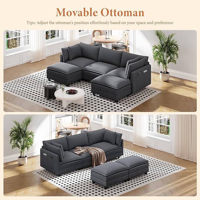 Vesgantti 109 U Shaped Cloud Sectional Sofa Comfy Corduroy Upholstered Sectional Modular Sofas for Living Room Modern Modular Couch with 2 Ottoman Deep Seat Charcoal Grey
