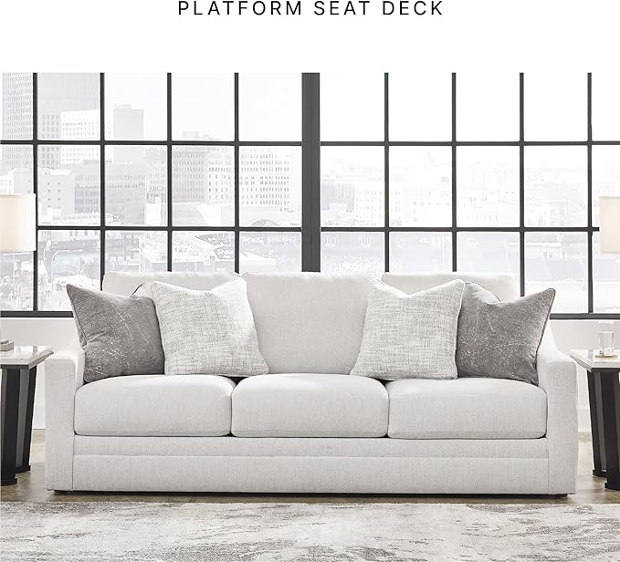 Signature Design by Ashley Maitelynn Contemporary Sofa with Accent Pillows Reversible Cushions and Sloped Arms Light Gray
