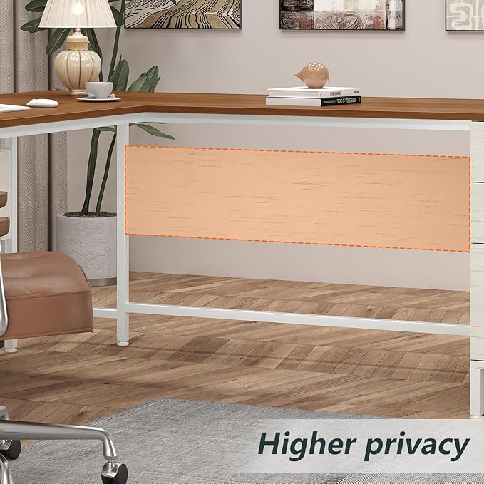 TVU 59’‘ L Shaped Desk with 6 Wood Drawers Large Home Office Corner Computer Desk with Storage File Cabinet Modern Metal Wood Desk for Executive Writing Study Workstation