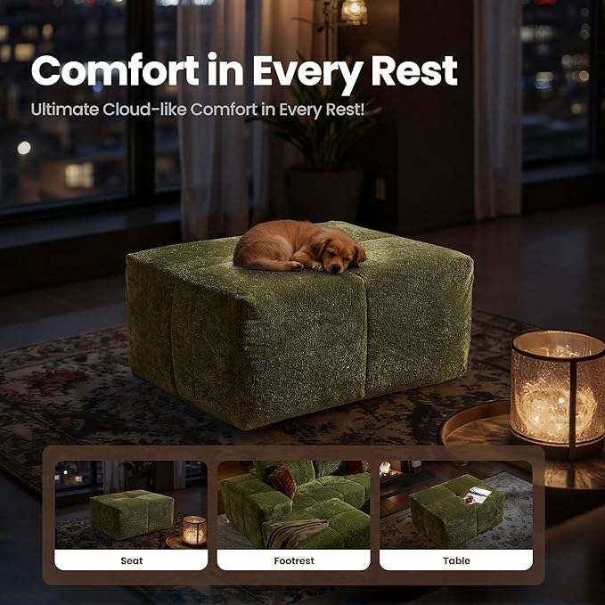 38 Plush Corduroy Ottoman Upholstered Cloud Ottoman for Boneless Couch in A Box Compressed Memory Foam Footrest No Assembly Require Green