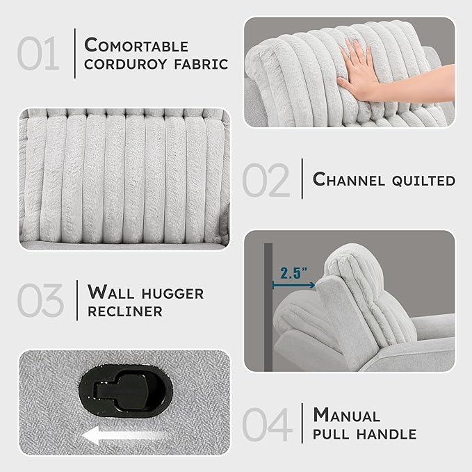 Lexicon Modern Double Recliner Couch Manual Wall Hugger Textured Microfiber Reclining Sofa Plush Corduroy Channel Seat Back Manual Recliner Sofa Light Gray