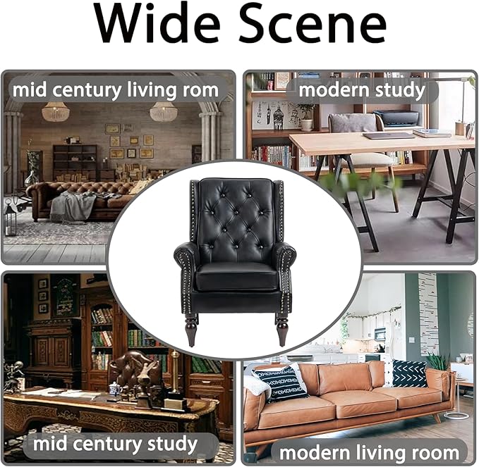 Wingback Chairs Set 2Mid Century PU Leather Accent Chair with Sturdy Wood Legs and High Back Single Sofa Club Armchair Chair for Living RoomBedroomOfficeBlack