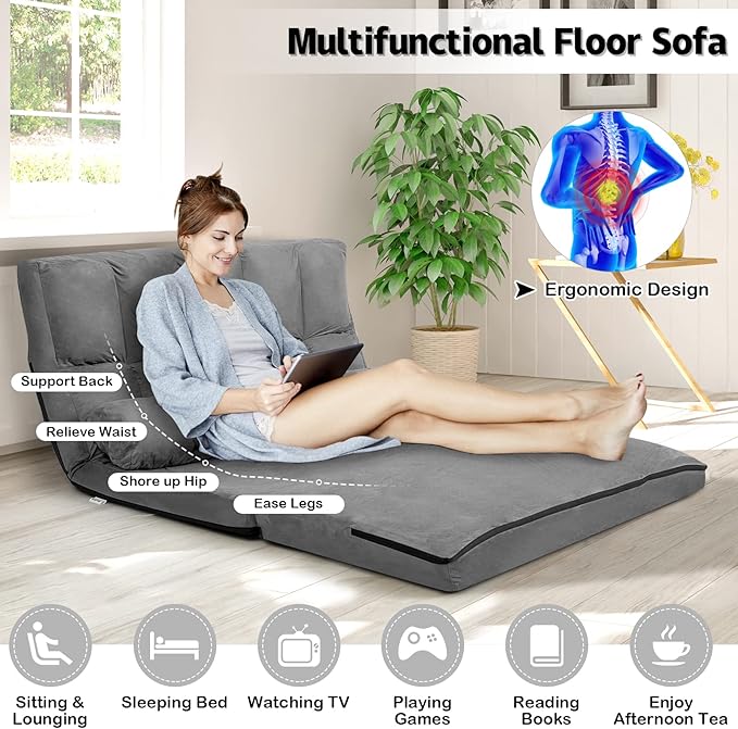KOMFOTT Adjustable Floor Sofa Bed Foldable Lazy Sofa Sleeper with 6 Position Backrest &amp 2 Pillows Convertible Futon Couch with Suede Cloth Cover Lounge Recliner for Living Room