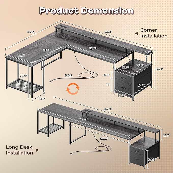PRAISUN 66 L Shaped Gaming Desk with LED Lights &amp Power Outlets Computer Desk with Fabric Drawers and Print Stand Corner Office Desk Monitor Stand Mesh CPU Stand Grey