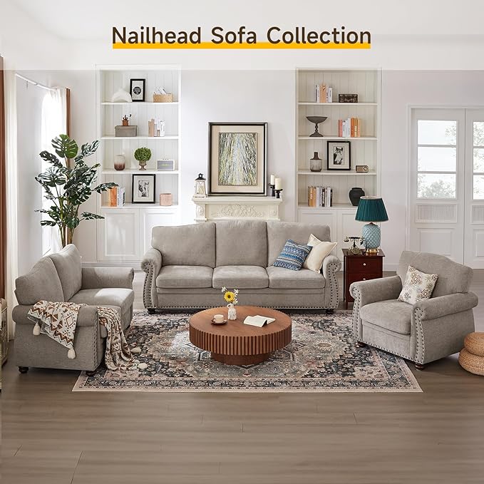 ONBRILL Nailhead Trim Armchair Rolled Arm Accent Chair for Living Room Comfy Chenille Club Sofa Chair w/Springs Cushions &amp Wood Legs Traditional Single Couch Chair for Apartment Farmhouse Bei
