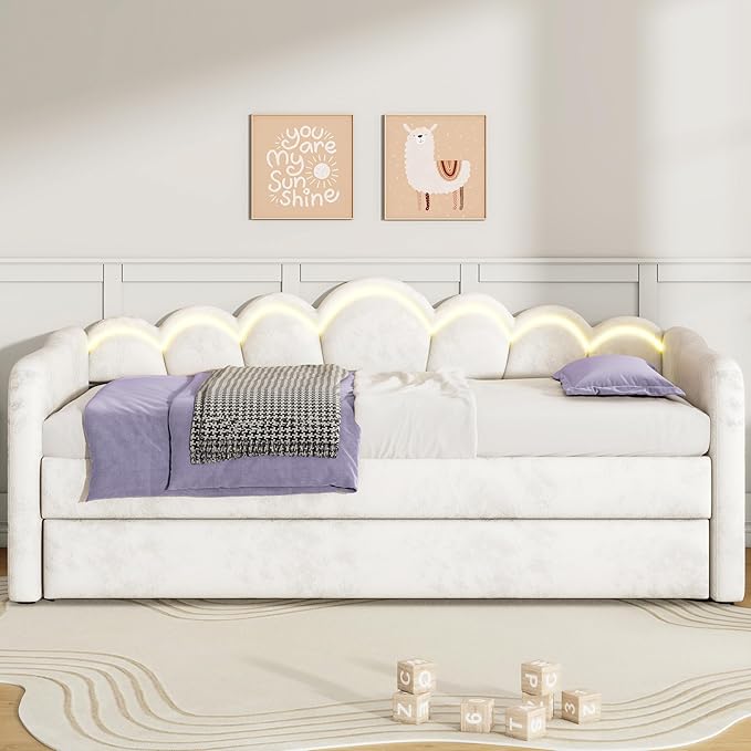 Bellemave Twin XL Size Upholstered Velvet Daybed with Trundle &amp Adjustable 7-Color LED Lights Trundle Can be Flat or Erected Space-Saving Guest Bed No Box Spring NeededWhite
