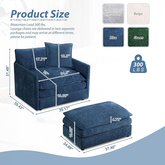 TTK Oversized Chaise Lounge Chair with Ottoman - 39.17 Wide Modern Sleeper Sofa for Living Room Bedroom &amp Office - Deep Seat Sectional Couch with Pillow Comfortable Reading Chair (Blue 39.17)