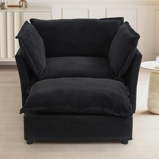 Merax 47 Armchair Upholstered Chenille Sofa Chair 2 Seat Modern Couch with Movable Ottoman Curved Armrests &amp Soft Pillows for Living Room Black