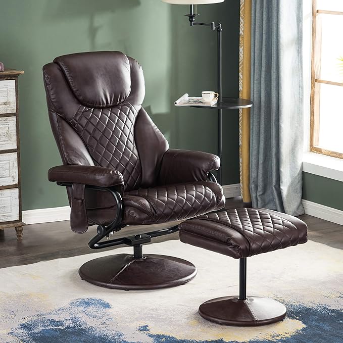 MCombo Recliner with Ottoman Reclining Chair with Massage 360 Swivel Living Room Chair Faux Leather 4901 (Dark Brown)