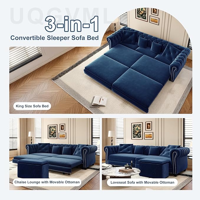 Oversized Sleeper Sofa Couch 89 Convertible Sleeper Sofa Bed for Living Room Bedroom Classic 3-in-1 Pullout Couch Bed with Movable Ottoman (Blue with Ottoman)
