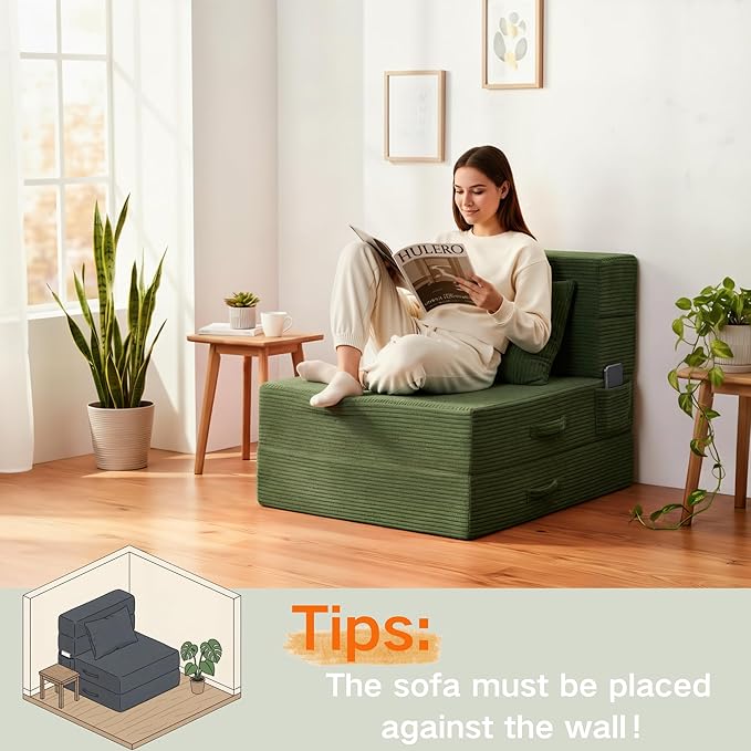 Folding Sofa Bed 4 in 1 Convertible Sleeper Chair with Pillow Single Memory Foam Fold Out Chair Bed Modern Floor Futon Sofa Couch Mattress for Living Room/Guest/Apartment Green | Convertible Comp