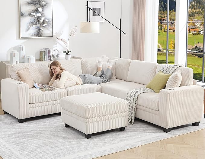 Modular Sectional Sofa Corduroy 6-Seater Corner Couch with Ottoman Chaise Convertible L-Shaped U-Shaped Sofa Sectional Couches for Living Room Apartment Beige