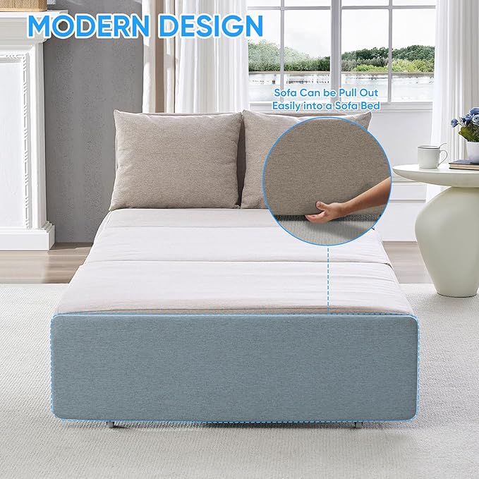 PUREMIND Twin Sofa Bed Twin Size Pull Out Sofa Beds with 2 Pillows&amp Tri-fold Mattress Linen Chair Bed Pull Out Couch Beds for Small Place Apartment Beige