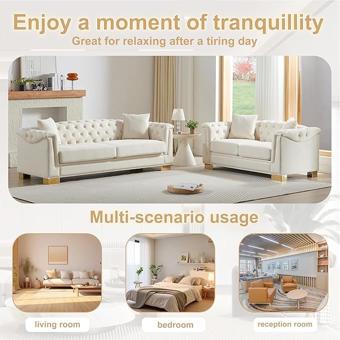 2 Pieces Chesterfield 84 3-Seater + 62 Loveseat Beige Velvet Combination Sofa Sets 4 Cushion Classic 6.5 Rolled Arm Modern Couch Suitable for Living Room
