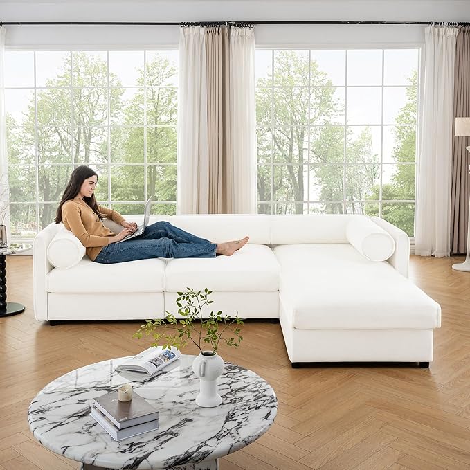 109 inch Cloud Modular 3 Seater Sofa with Storage Ottoman Modern Upholstered Storage Sofa Couch Deep Seat L Shape Sectional Sofa Chenille Comfy Couch for Living Room Apartment White