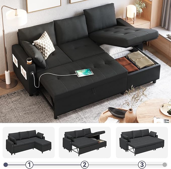 Sleeper Sofa Couch with Pullout Bed 83.5'' L Shaped Convertible Sofa Bed Couches for Living Room Small Apartment Pull Out Couch with USB Storage Chaise Cup Holder Linen Fabric Black