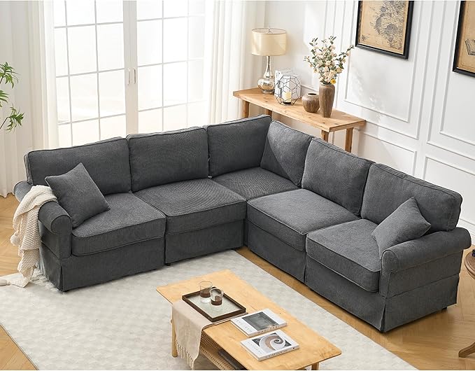 Modular Sectional Sofa SetConvertible L Shaped Couch5 SeatReversible Sectional Sofa CouchUpholsteredCorner SofaRolled ArmsSoft Linen Fabric (Dark Gray)
