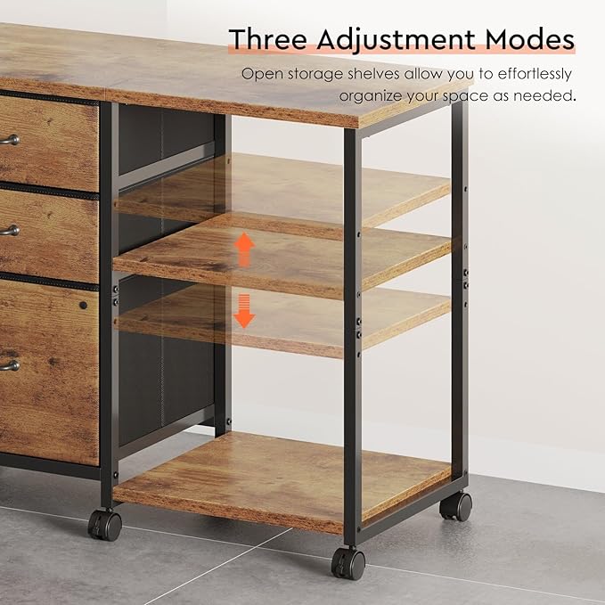 3 Drawer File Cabinet with Wheels Rolling Printer Stand with Open Storage Shelf Fabric Lateral Filing Cabinet for Home OfficeRustic Brown2