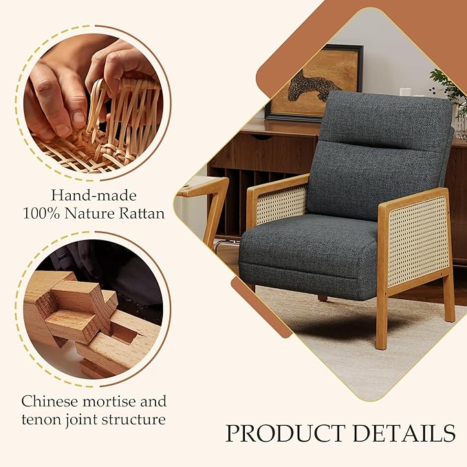 Andeworld Grey Accent Chairs Set of 2Upholstered Modern Living Room Chairs with Natural Rattan Arm Side Chair for Bedroom Club Balcony Reception Room